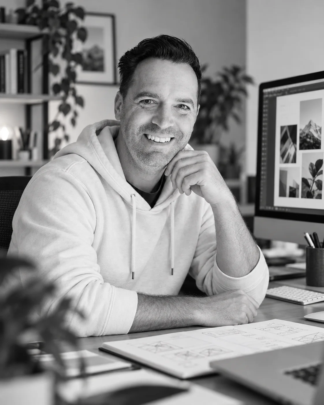 Tommy smiling at a desk in a monochrome design studio